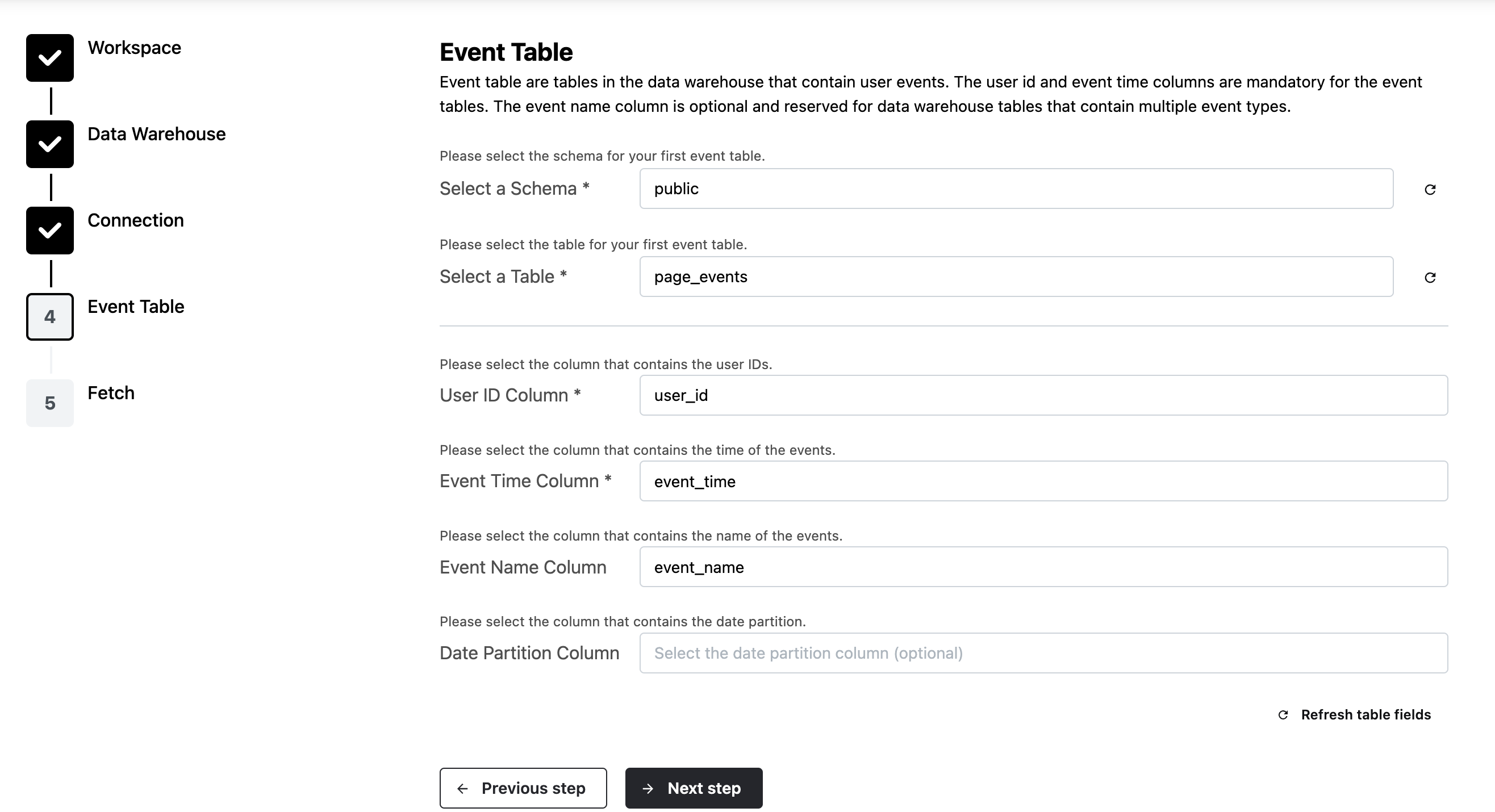 Setup table connection